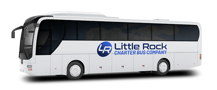 a plain white charter bus with a "Little Rock Charter Bus Company" logo